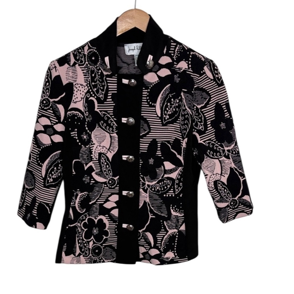 Joseph Ribkoff Black Pink Floral Button Jacket Women Size 10